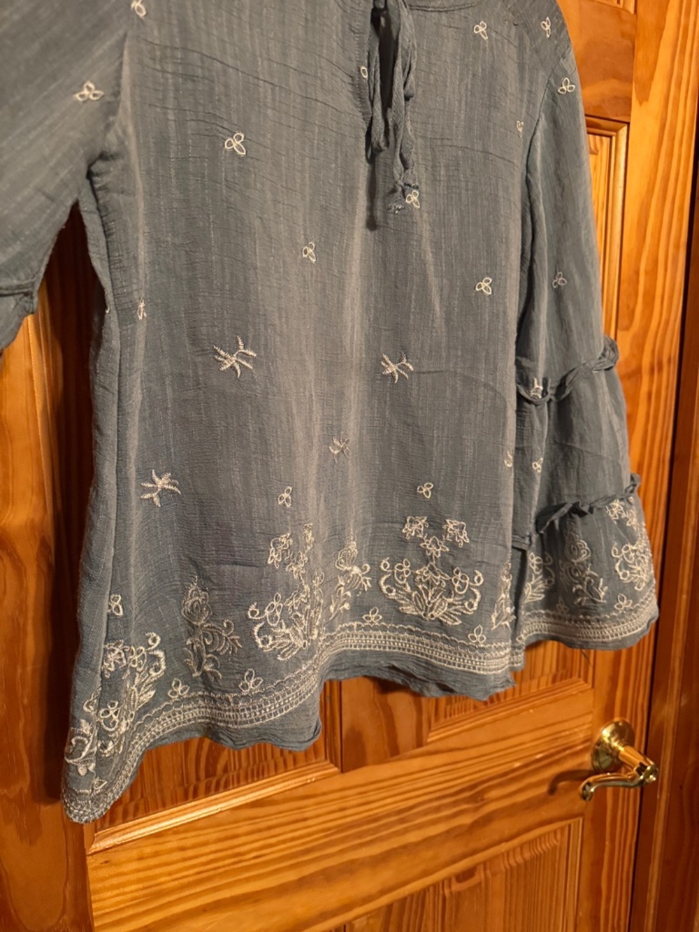 Fig and Flower Slate Blue Embroidered Ruffle-Sleeve Blouse - Picture 4 of 10
